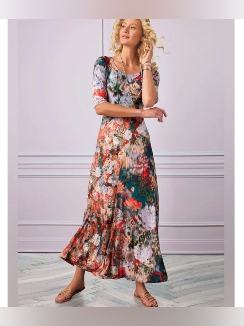 Soft Surroundings Multicolor Floral Scoop Neck Maxi Dress Jersey Knit 3/4sleeves - Picture 1 of 15